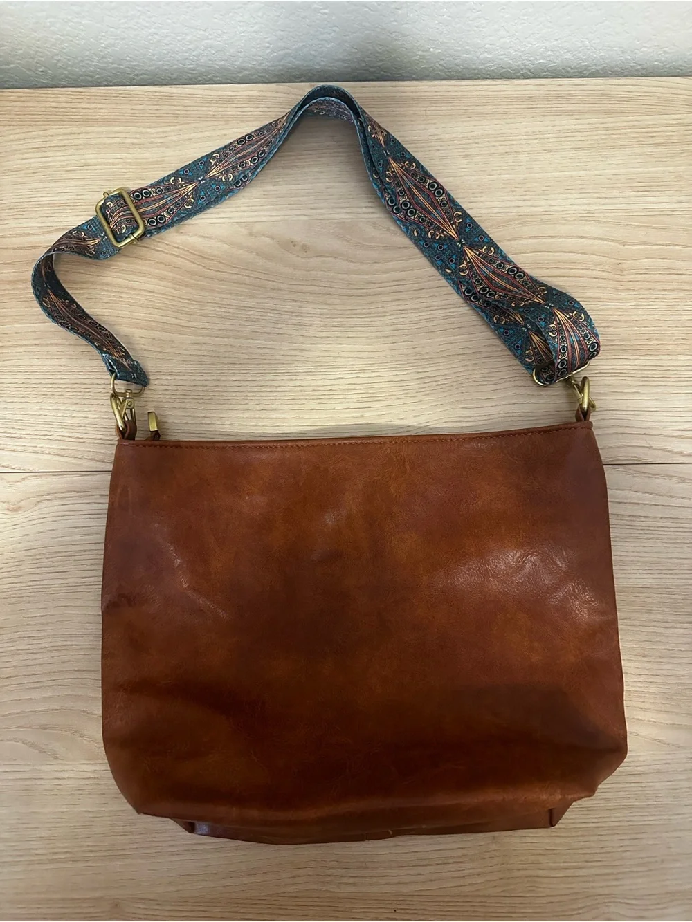 Women’s Brown Faux Leather Crossbody Bag with Patterned Strap